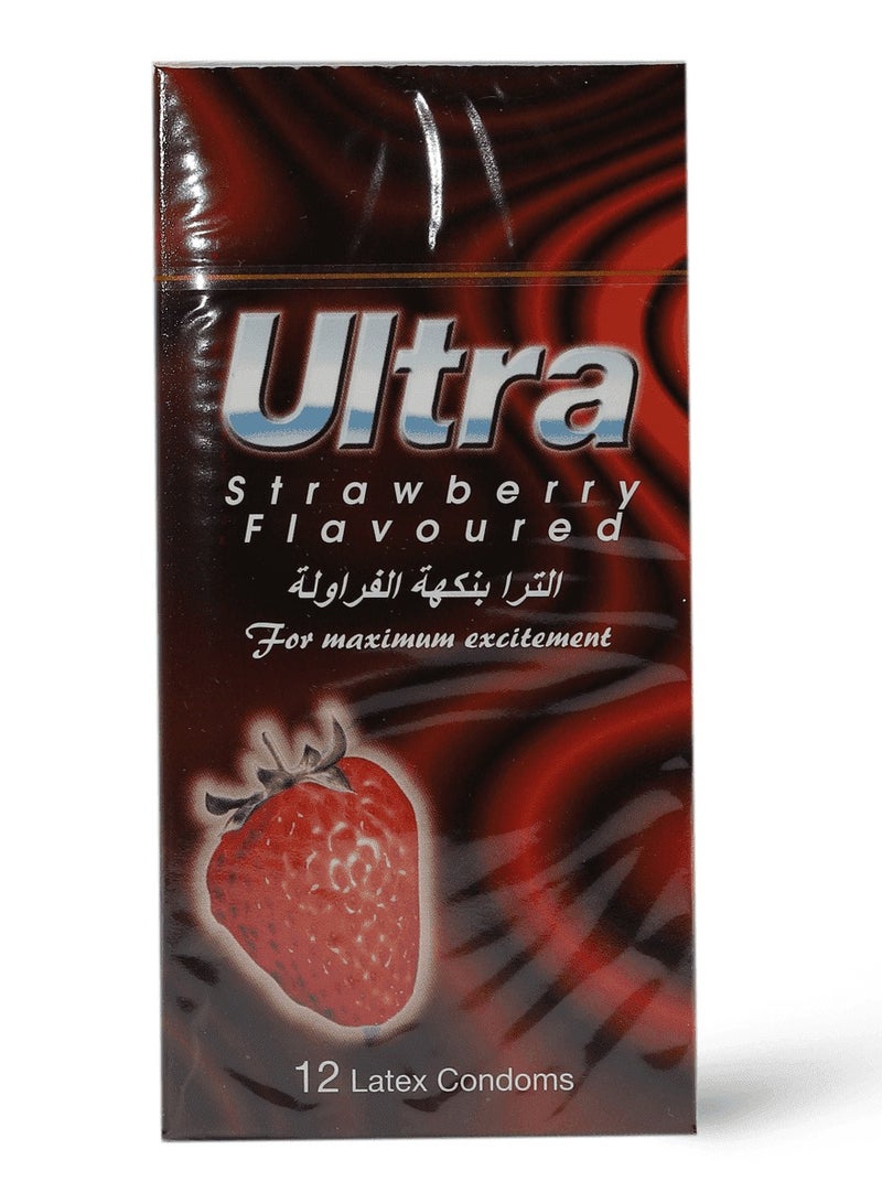 Ultra 12-Piece Ribbed Strawberry Flavoured Condoms - Image 1